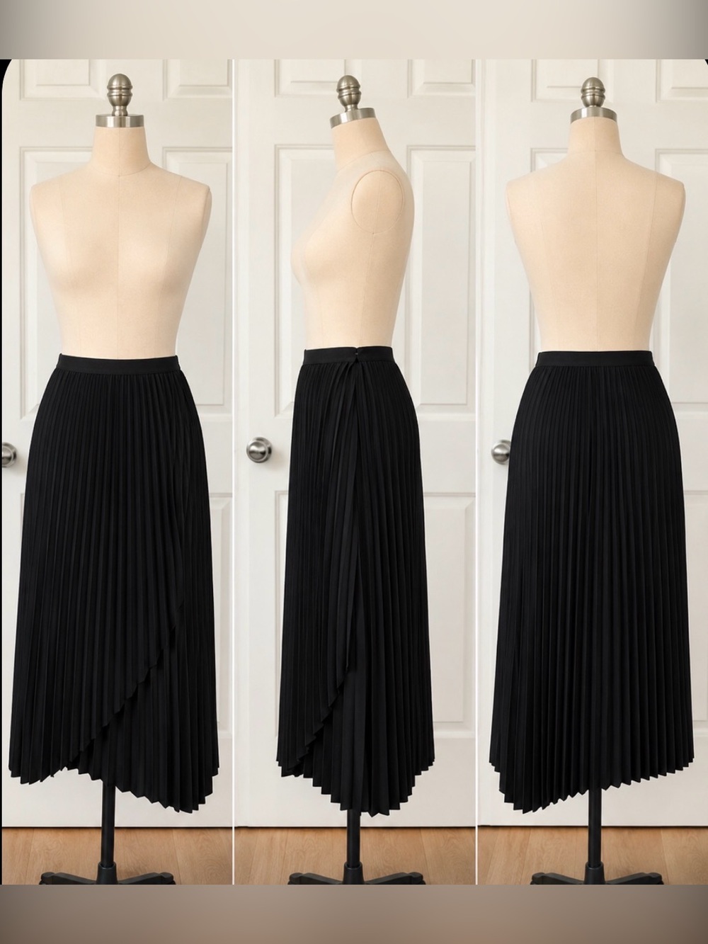 Aritzia Black Asymmetric Pleated Midi Skirt